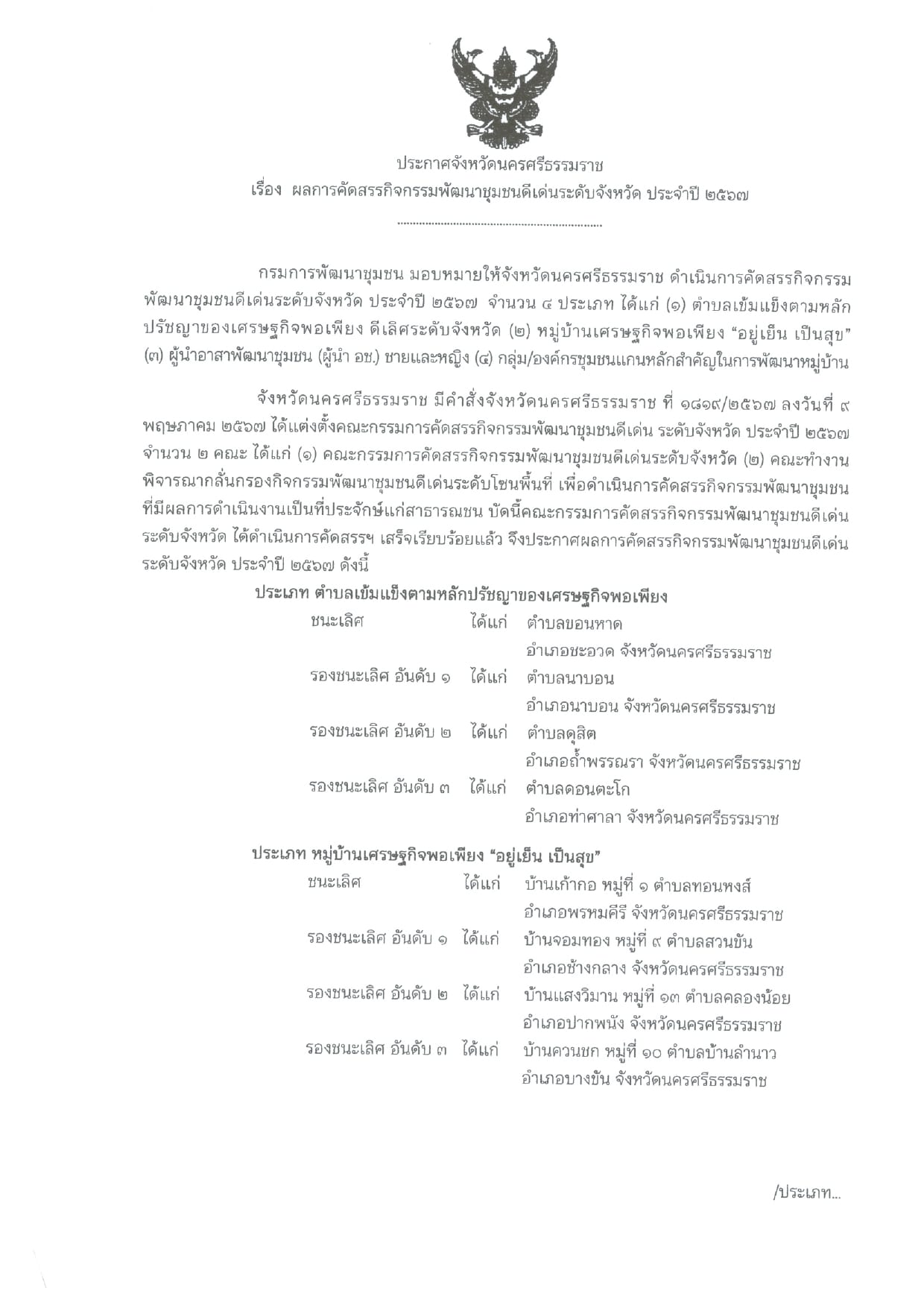 สำนักงานพัฒนาชุมชนอำเภอขนอม ขอแสดงความยินดีกับกิจกรรมพัฒนาชุมชนดีเด่นระดับจังหวัด ประจำปี 2567